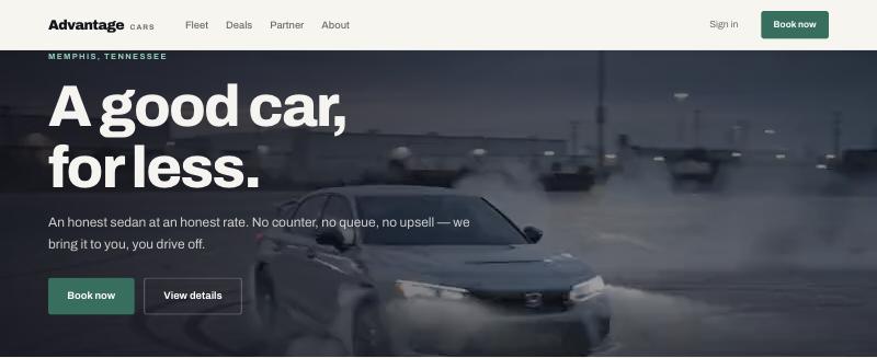 Homepage of Advantage Cars, a Memphis car rental site — headline 'A good car, for less.' over a photo of a sedan