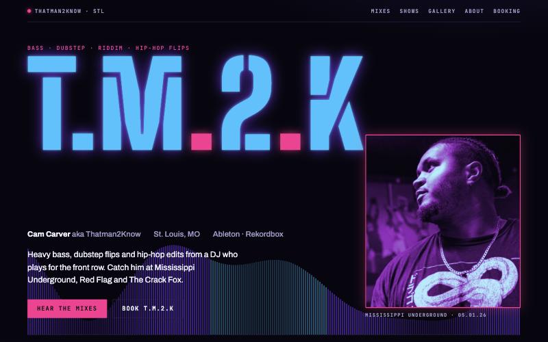 Homepage of thatman2know.com — T.M.2.K in large neon stencil letters beside a portrait of the DJ