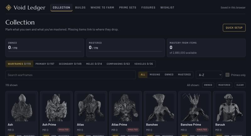 Void Ledger collection page — a grid of Warframe cards with Need, Own, and Mastered toggles and mastery totals above